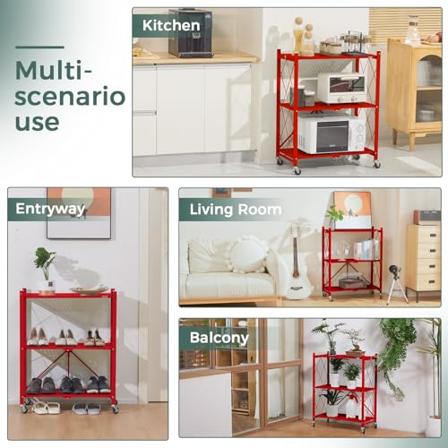 Image of DEANIC 3 Tier Foldable Storage Shelves with Wheels, Kitchen Appliance Stand, Freestanding Metal Wire Shelf Rack, No Assembly Organizer Rolling Cart for Garage, Basement, Pantry(Red Pack of 2)