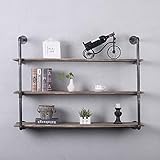 Industrial Pipe Shelving Wall Mounted,48in Rustic Metal Floating Shelves,Steampunk Real Wood Book Shelves,Wall Shelf Unit Bookshelf Hanging Wall Shelves,Farmhouse Kitchen Bar Shelving(3 Tier)