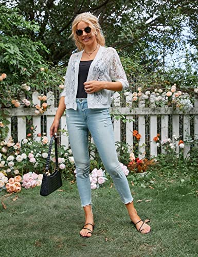 Image of Xunger Women's 3 /4 Sleeve Lace Cardigan Casual Open Front Floral Lace Shrug Summer Cover Up