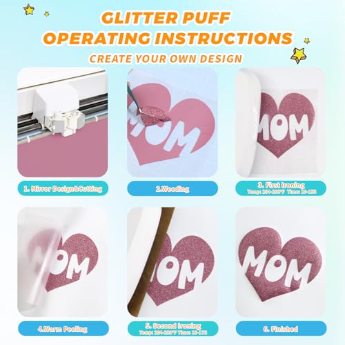 Yiwloer Pink Glitter Puff Vinyl Heat Transfer - 12" x 5ft 3D Puff HTV Vinyl, Glitter Puffy Iron-On for Fabrics, Perfect for T-Shirts, Bags, Pillows, Compatible with Cricut & Cameo by Yiwloer - Image 2