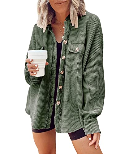 Image of ebossy Womens Long Batwing Sleeve Splicing Cardigan Lightweight Waffle Textured Boyfriend Shirt Jacket Shacket
