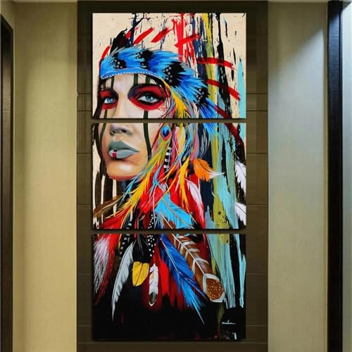 Art mural 3 panneaux indien plumes femme triptyque salon moderne 20x30