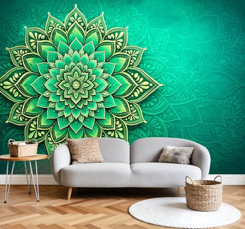 Wall Mural Peel and Stick Green Mandala Floral Ornament Gold