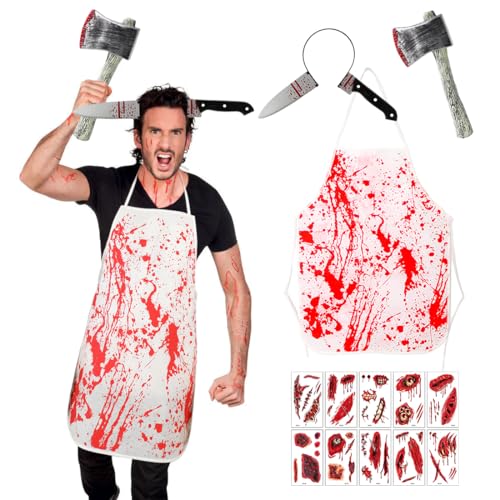 Sprinlot Halloween Horror Schürze, 4 Stück Halloweenkostüm Set, Messer Haarband mit Blutige, Zombie Kostüm Damen, Horror...