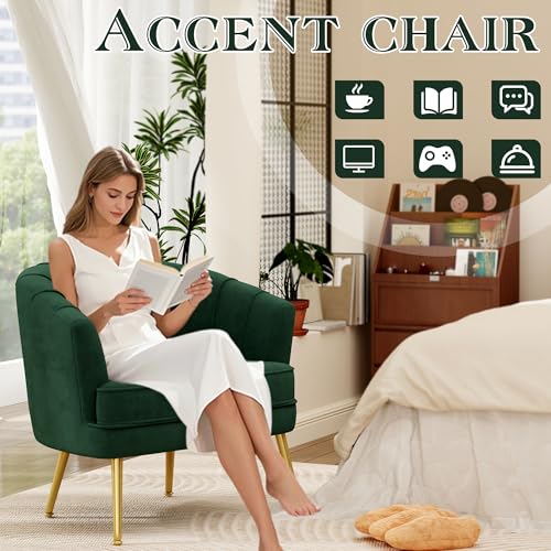 Image of Andeworld Velvet Accent Chair, Barrel Armchair, Green | Velvet Upholstery, Golden Metal Legs, Comfy Barrel Back, Modern Style, Living Room Bedroom Office