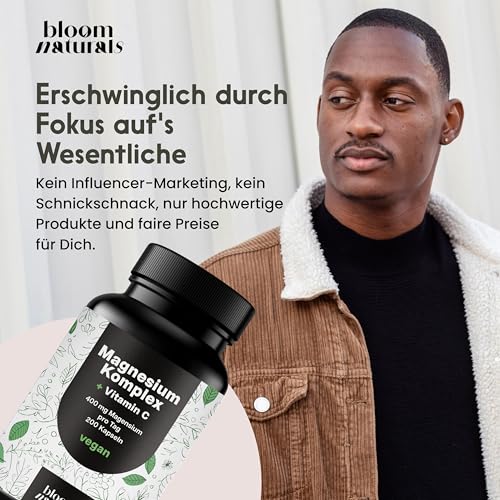 Magnesium Komplex hochdosiert - 200 Kapseln - 400 mg Magnesium pro Tag + Vitamin C, mit Bisglycinat, Citrat, Oxid, L-Ascorbat, Malat, vegan & produziert in Deutschland