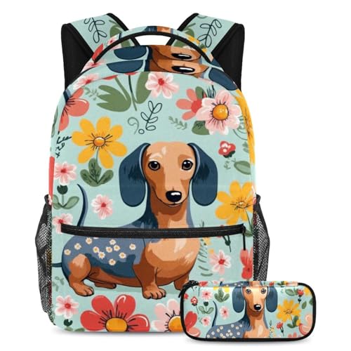 Cartable chien saucisse grand format avec trousse assortie pour l'école