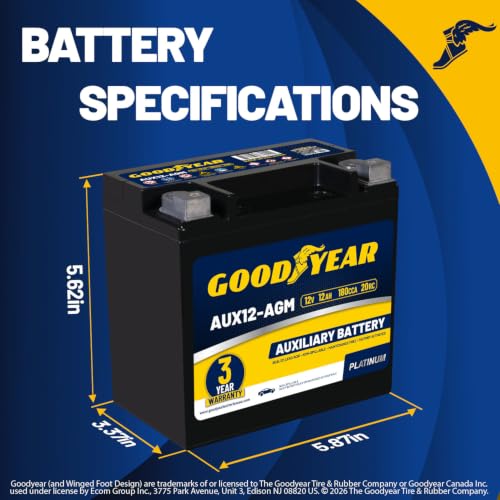 Image of Goodyear AUX12-AGM 12V 12 AH, 20RC, 200 CCA Platinum series Rechargeable AGM Maintenance Free Auxiliary Battery