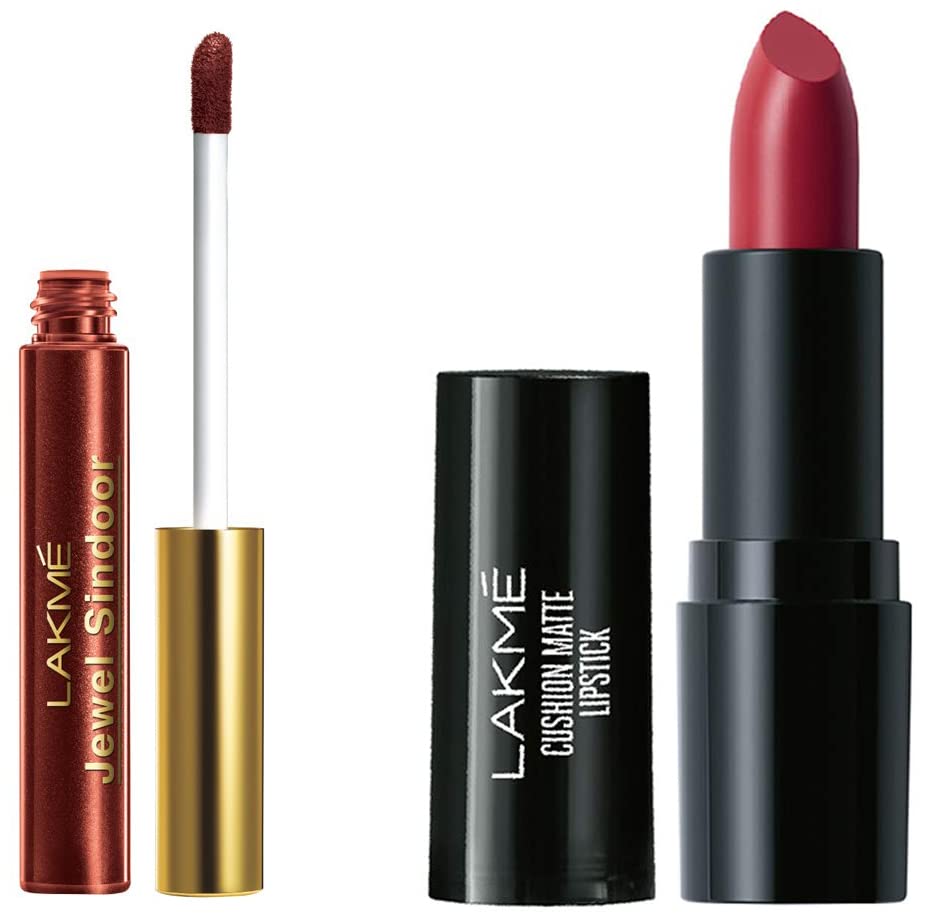 Image of Lakme Cushion Matte Lipstick, Red Wine, 4.5 g & Lakme Jewel Liquid Sindoor, Maroon, With Sponge Tip Applicator - Long Lasting, Smudge Proof and Quick Drying,4. 5 ml