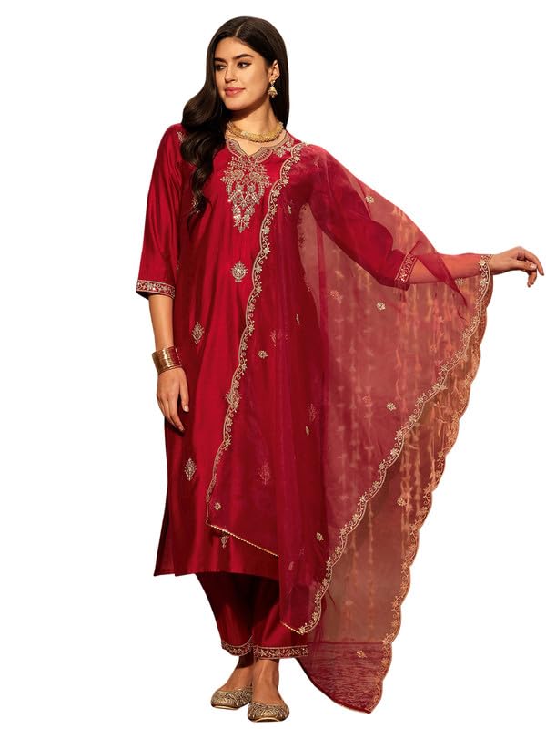 Image of INDO ERA Women's Embroidered Silk Blend Straight Kurta & Palazzo With Dupatta Set (RRRRR9584)