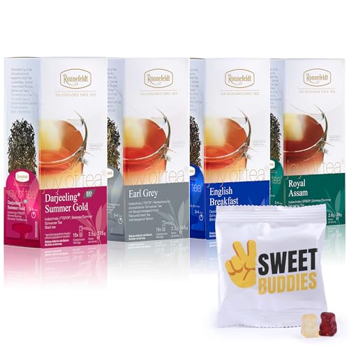 Ronnefeldt Schwarztee 4er Mix Teebox – Bio Darjeeling, Earl Grey, English Breakfast Tea & Assam – 60 Teebeutel Probier­set für + Sweet Buddies Fruchtgummis (10g) - Eleganter Tee mit köstlichem...