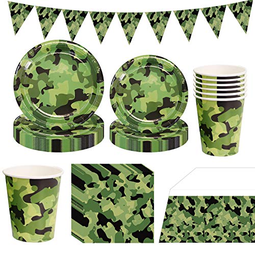 Kit Party Suppiles Vajilla de Fiesta para Niños, Platos y Vasos de Papel con Diseño Camuflaje Suministro Decoración para Fiestas de Cumpleaños Incluye Pancarta, Mantel, Servilletas Sirve 16 Invitados Cover