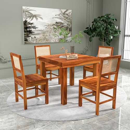 Image of Solid Sheesham Wood 4 Seater Dining Table Set with Chairs for Dining Room | Living Room | Home & Office | Hotels Restaurant & Cafe (4 Seater, Honey Finish)