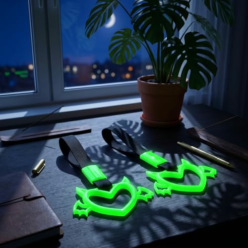 Image of 2 Pcs Devil Heart Shaped Car Handle Strap - JD M Drift Charm Rear Bumper Warning Ring Decor for Car Interior Exterior, Subway Bus Handle Accessory, Cute Heart Car Decor Gift (Luminous Green-Wing)