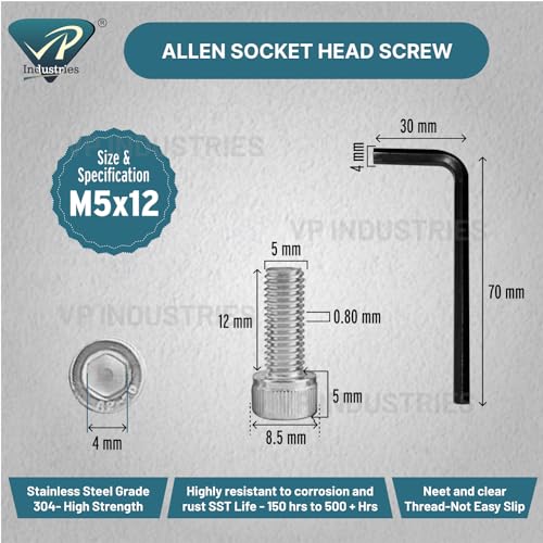 Image of Rely⇒VP INDUSTRIES (Pcs-25) M5x12 mm Socket Head Cap Head Cap Screw Allen Bolt Stainless Steel 304| Allen Socket Head Cap Screw with Allen Key 1 Pc