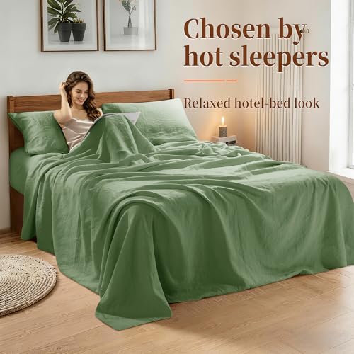 Image of 100% Pure Linen Sheet Set for Hot Sleepers, Breathable Natural Linen Sheets 4pcs, Bedding Set Deep Pocket Up to 16 inch Moisture-Wicking, Softens with Every Wash (Green Full)