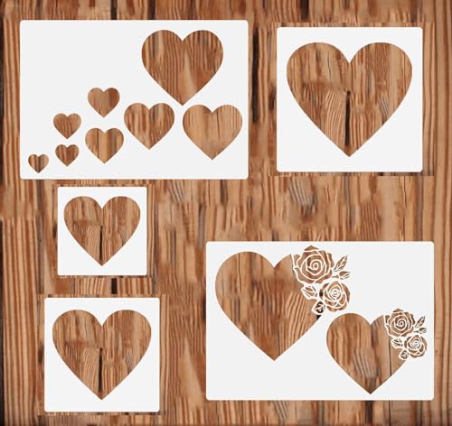 5PCS Heart Stencil Reusable Heart Stencil Template Plastic Stencils for Painting on Wood Drawings Woodburning Canvas DIY Decor