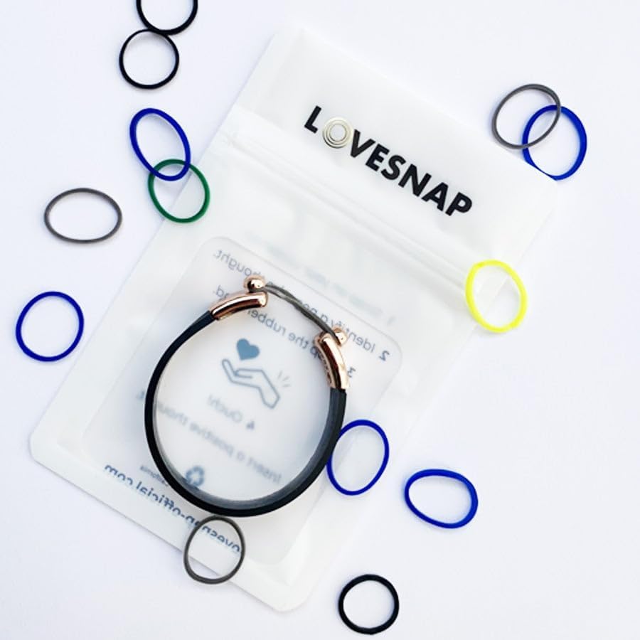 Miniatura 7 de LoveSnap Pulsera Mindfulness  Banda de goma de silicona 100% con cierre de oro rosa, herramienta CBT para pensamiento positivo, incluye 5 bandas de