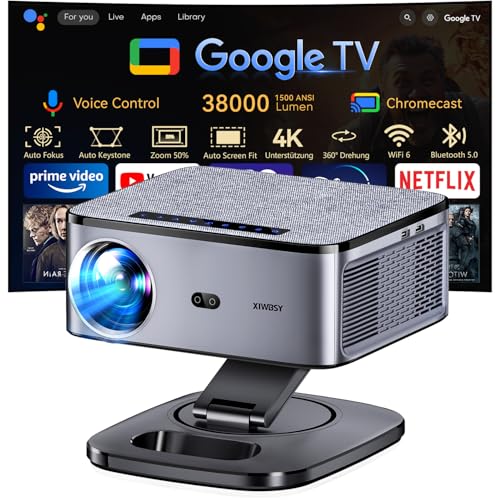 Beamer 4K【1500 ANSI & Google TV/Autofokus】 Full HD 1080P 38000 Lumen XIWBSY Smart Beamer mit WiFi 6, Bluetooth 5, HDR10, Sprachassistent, Heimkino & Outdoor Projektor