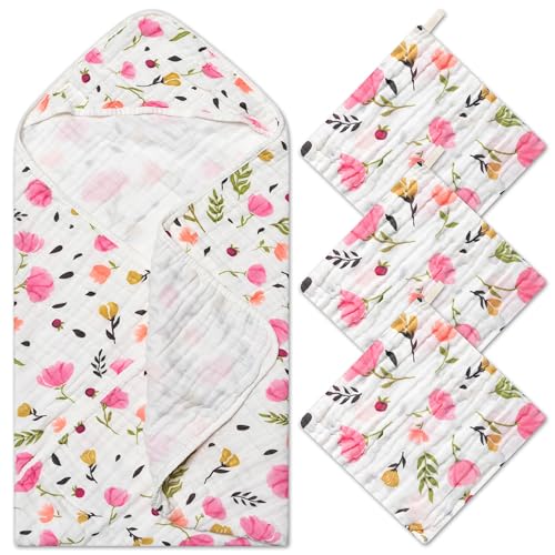 Image of Zainpe 4Pcs Muslin Baby Hooded Towel & Washcloth Set Pink Flowers Pattern Soft Absorbent Cotton Bath Hood Towels for Newborn Toddlers Essentials Boys Girls Infant Shower Gift 31.5 x 31.5 in