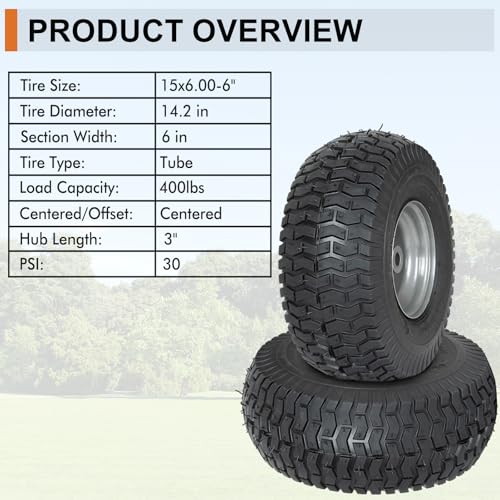 Image of 2 Pack 15x6.00-6 Lawn Mower Tire and Wheel Assembly, 3 inch centered Hub, 3 /4 inch Bushing, 15x6-6 Front Tires Compatible with Craftsman Riding Mowers Lawn Tractors