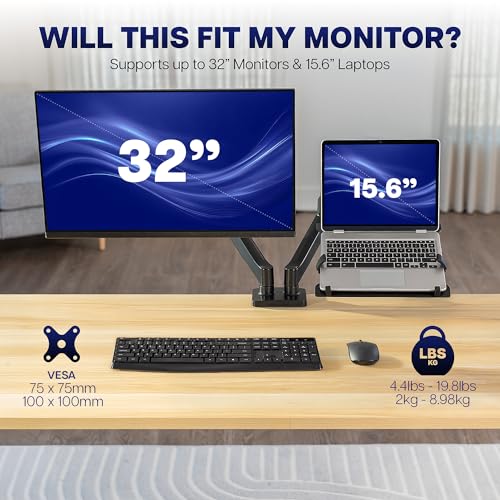 Image of VIVO Universal Adjustable Monitor and Laptop Desk Mount, 17 to 32 inch Monitors, 10 to 15.6 inch Laptops, Dual Mechanical Arm VESA Notebook Stand with C-clamp and Grommet Options, Black, STAND-V002O-L