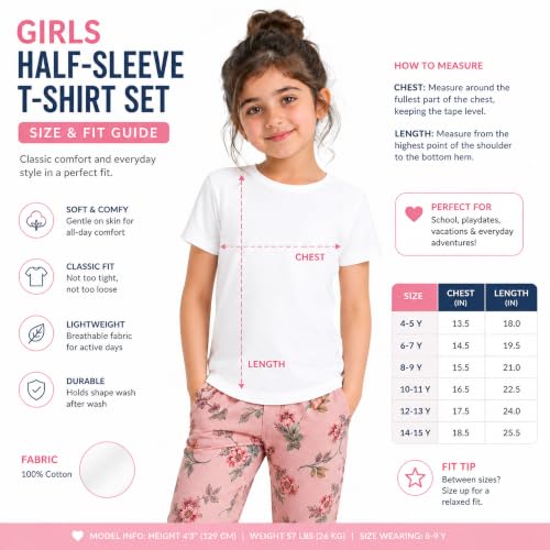 Image of Kids Round Neck Girls Tshirt | Short Sleeves | Natural Organic 100% Cotton Soft Comfortable Fabric | Plain Color Original Branded Half Sleeve | School t-Shirt for Girl Kid | Sleepwear Everyday Casual