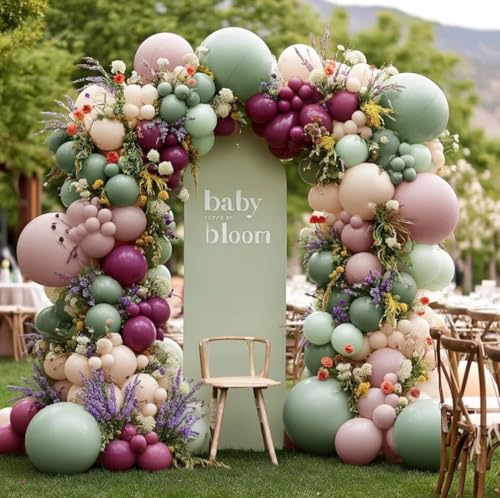 Image of Sage Green Plum Balloon Garland Kit - Double Stuffed Dusty Pink Mauve Sand Balloon Arch for Baby Shower Birthday Bachelorette Bridal Shower Wedding Party Decorations