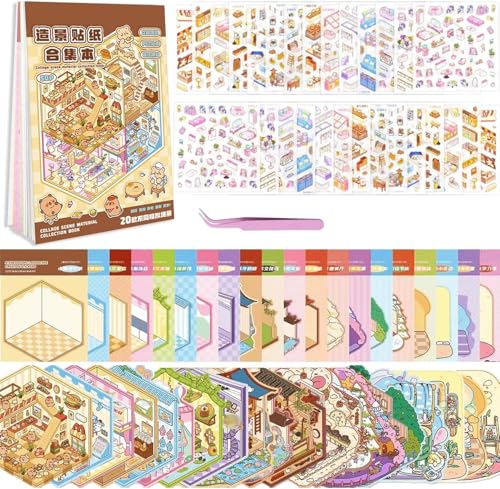 20 Sets Libro de Pegatinas 3D con Escenas, 3D House Sticker Books, Stickers Therapy, DIY Stress Relief Sticker Scenes with 30 PET Pegatinas, 20 Miniature Scene, 1 Pinzas, for Adulto Niño Adolescente
