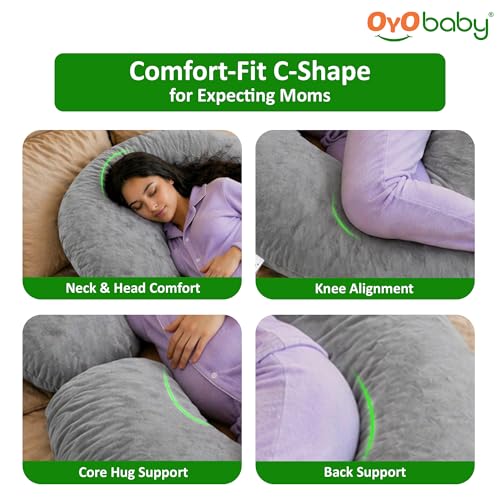 Image of OYO BABY C-Shaped Pregnancy Pillow for Women | Full Body Maternity Support Pillow for Sleeping | Side Sleeper Pillow for Back, Belly, Hips & Legs | Soft Velvet Cover, Removable & Washable (Light Grey)