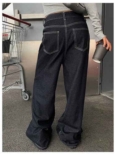 OYOANGLE Women's Denim Wide Leg Straight Jeans Y2K Baggy Loose Mid-Rise Pocket Casual Pants2