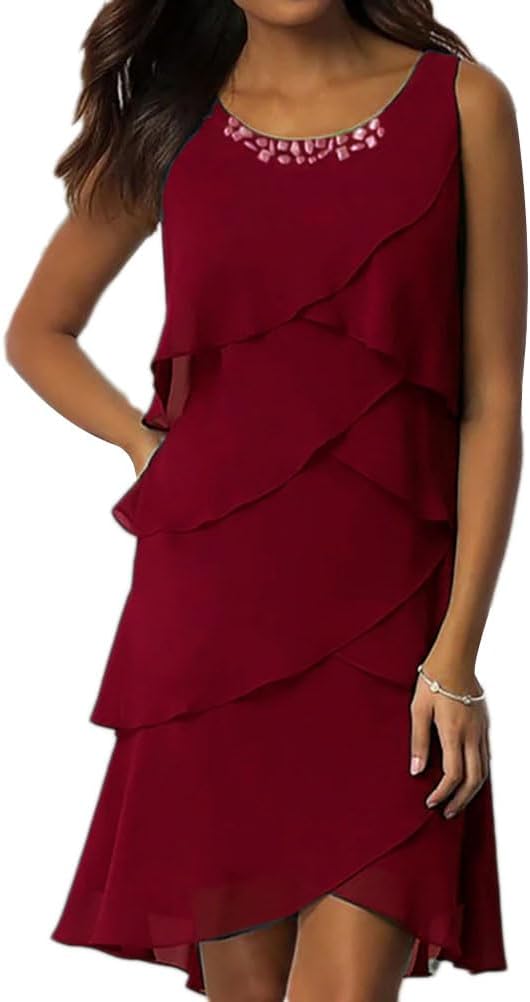 Abito Da Donna In Chiffon Elegante Girocollo Cerimonia Festa Abiti