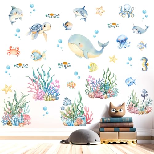 Whale Fish Wall Stickers for Kids: Peel and Stick Under The Sea Wall Decals for Baby Nursery Kid Bedroom Toddler Room - Ages 1-12 Years Vinyl Decor