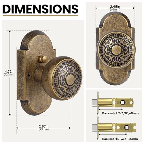 BonKuDoo Antique Brass Door Knobs Privacy Door Knobs Interior with Push-Button, Vintage Door Knob with Lock for Bedroom and Bathroom, Zinc Alloy, 1 Pack by BonKuDoo - Image 3