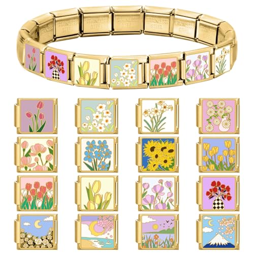papasgix Italian Charm Bracelet Charms Gold Set Links Bulk with Opening Tool 9mm Italian Charms Flowers Italian Modular Bracelet Links Handmade DIY Jewelry2