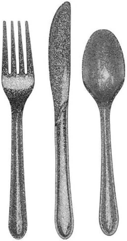 24-Piece Glitz Premium Plastic Cutlery Assortment, Silver Glitter