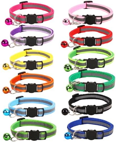 12-Pack Safety Release Reflective Cat Collars with Bell - Breakaway Buckle, Night Visibility, Anti-Hunting Bell - Adjustable Kitten & Adult Cat Collars (12 Multicolor) image 3