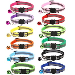 12-Pack Safety Release Reflective Cat Collars with Bell – Breakaway Buckle, Night Visibility, Anti-Hunting Bell – Adjustable Kitten & Adult Cat Collars (12 Multicolor)