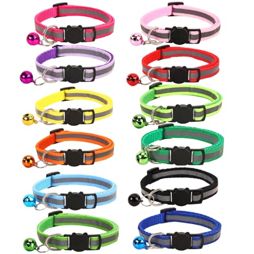 12-Pack Safety Release Reflective Cat Collars with Bell - Breakaway Buckle Night Visibility Anti-Hunting Bell - Adjustable Kitten & Adult Cat Collars (12 Multicolor)