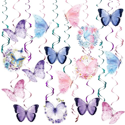 JUNEBRUSHS 46Pcs No Installation Hanging Butterfly Decorations Butterfly Birthday Decorations Spring Summer Themed Swirls Garland for Girl Birthday Wedding Party Baby Shower Garden Party