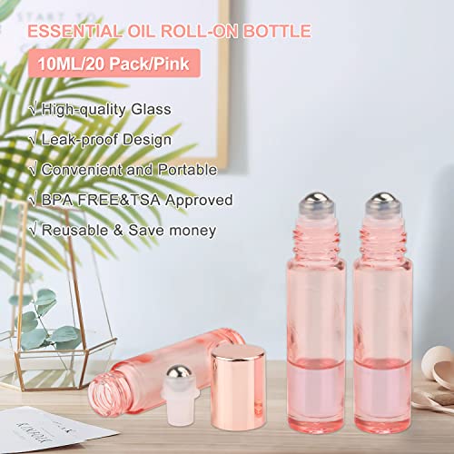 20Pcs 10ml/0.33 oz Pink Essential Oil Roller Bottle,Empty Glass Roll-On Vials with Stainless Steel Roller Ball,Rose Gold Lid,Glass Roller Bottle for Oil Blends,Perfume-Opener&Dropper Included4
