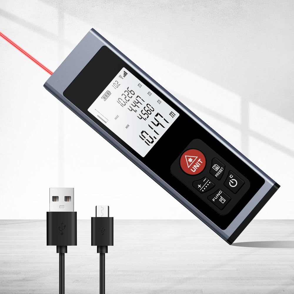 REVASRI Telémetro Profesional, Telémetro Láser con Nivel de Burbuja Electrónico M/In/Ft Retroiluminación LCD Distancia/Área/Volumen/Pitágoras/Medición Continua y USB C Recargable