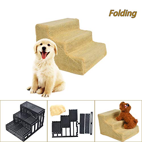 Chezaa Pet Stairs 3 Step Pets Ramp Cat Dog Ladder with Washable Cover,Durable Foldable Metal Frame,Suitable for Small or Medium Pets- Ship from USA (Beige)