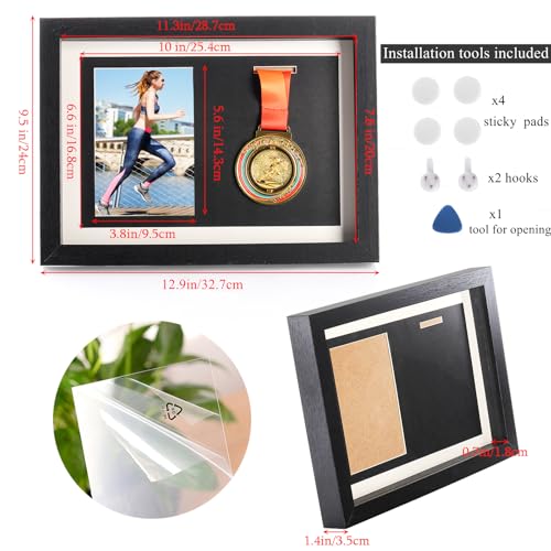 Image of Hacaroa Medal Display Shadow Box, Single Medal and Photo Display Frame Case, Wood Marathon Medal Storage Box for Runners, All Sports Winners, Military Awards, Black (Pack of 2)
