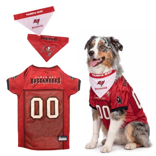 Pets First NFL Tampa Bay Buccaneers Dog Jersey with Coordinated Tie Bandana Included, Size Large Official NFL Pet Apparel, Breathable Mesh, Durable, Team Logo Design, Dog Sports T-Shirt