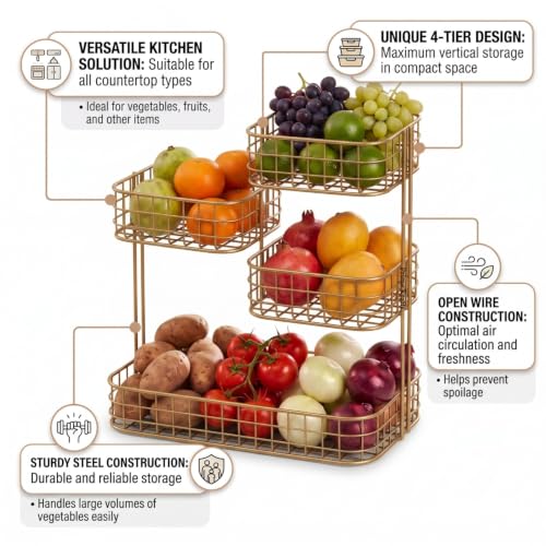 Image of 4 Tier Fruit Basket for Kitchen | Space Saving Decorative Kitchen Organizer | Multi-Layer Dining Table Organizer for Fruits, Snacks & Jars (4 Tier - Gold)