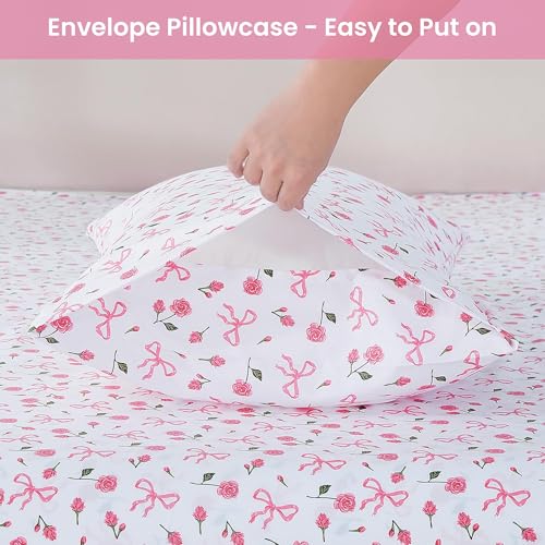 Image of Softan Pink Floral Queen Bed Sheets, Cozy Microfiber Flower Printed Sheets with 15 inch Deep Pocket Fitted Sheet & Non-Slip Straps, Patterned Pink Rose - Bow Sheets & Pillowcase Set