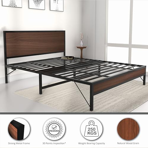 Image of Honey Touch Luvo Queen Size Bed Frame | Sturdy Steel Structure with Wooden Headboard | Noise-Free | No Assembly Required | Modern Minimalist Design |