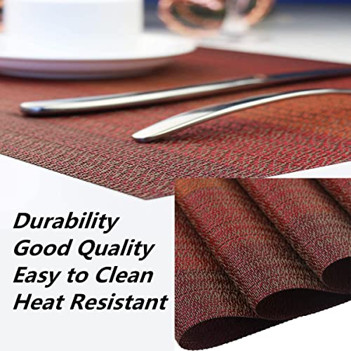 Image of Placemats, Washable PVC Table Mats, Woven Vinyl Placemat for Dining Table Place Mats Set (6 placemats and 1 Table Runner, Wine Red)