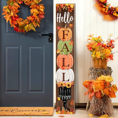 Fall Porch Sign Hello Pumkpkin Sign for Front Porch 3 Pumpkins Wooden Sign Yard Vertical Wood Sign Standing for Patio Front Door Porch Autumn Home Party Entryway Yard Wall Decor Indoor Outdoor 47x8 inch